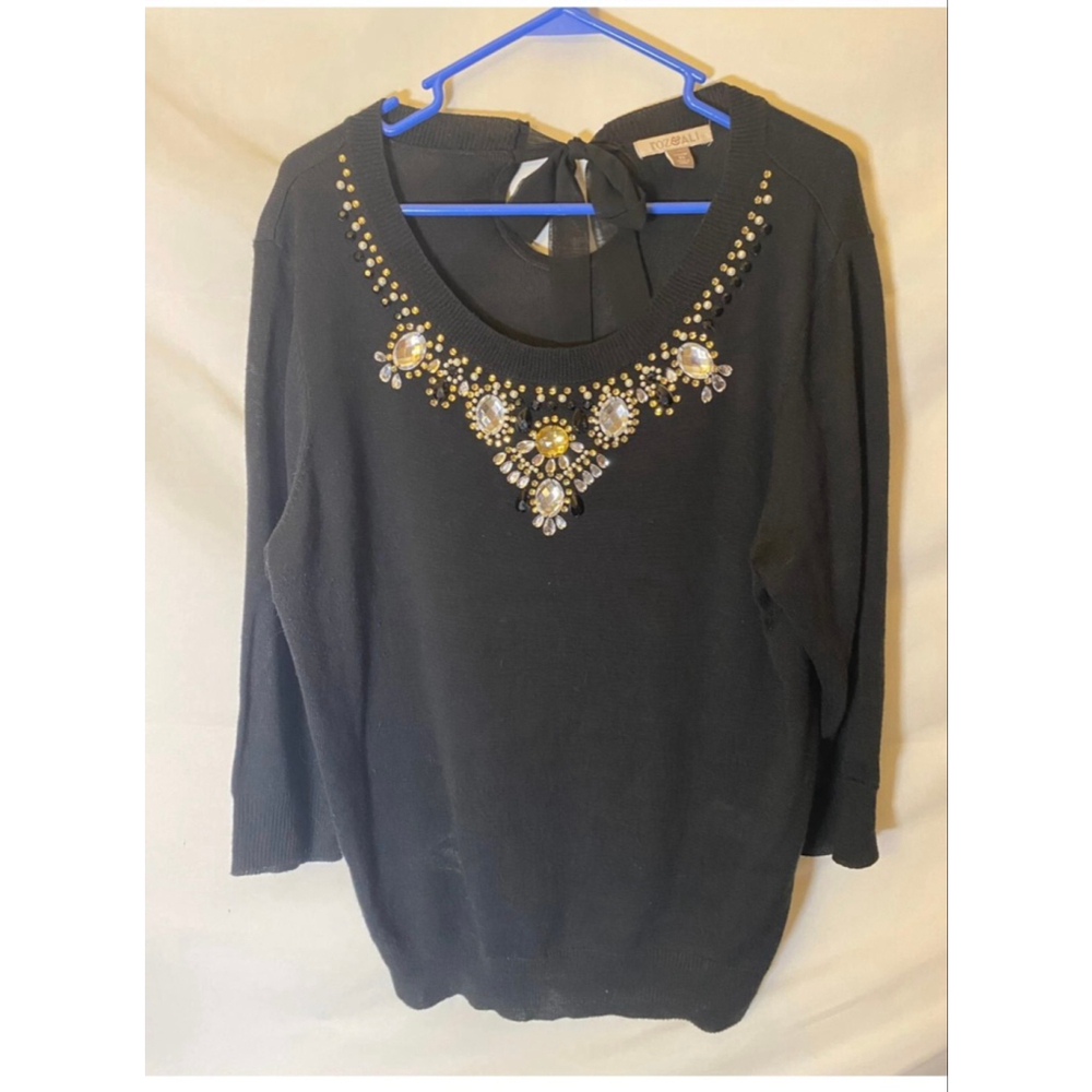 Roz & Ali Women’s Plus  2X Black Sweater‎ Bling Beads Grannycore Fancy 18W 20W